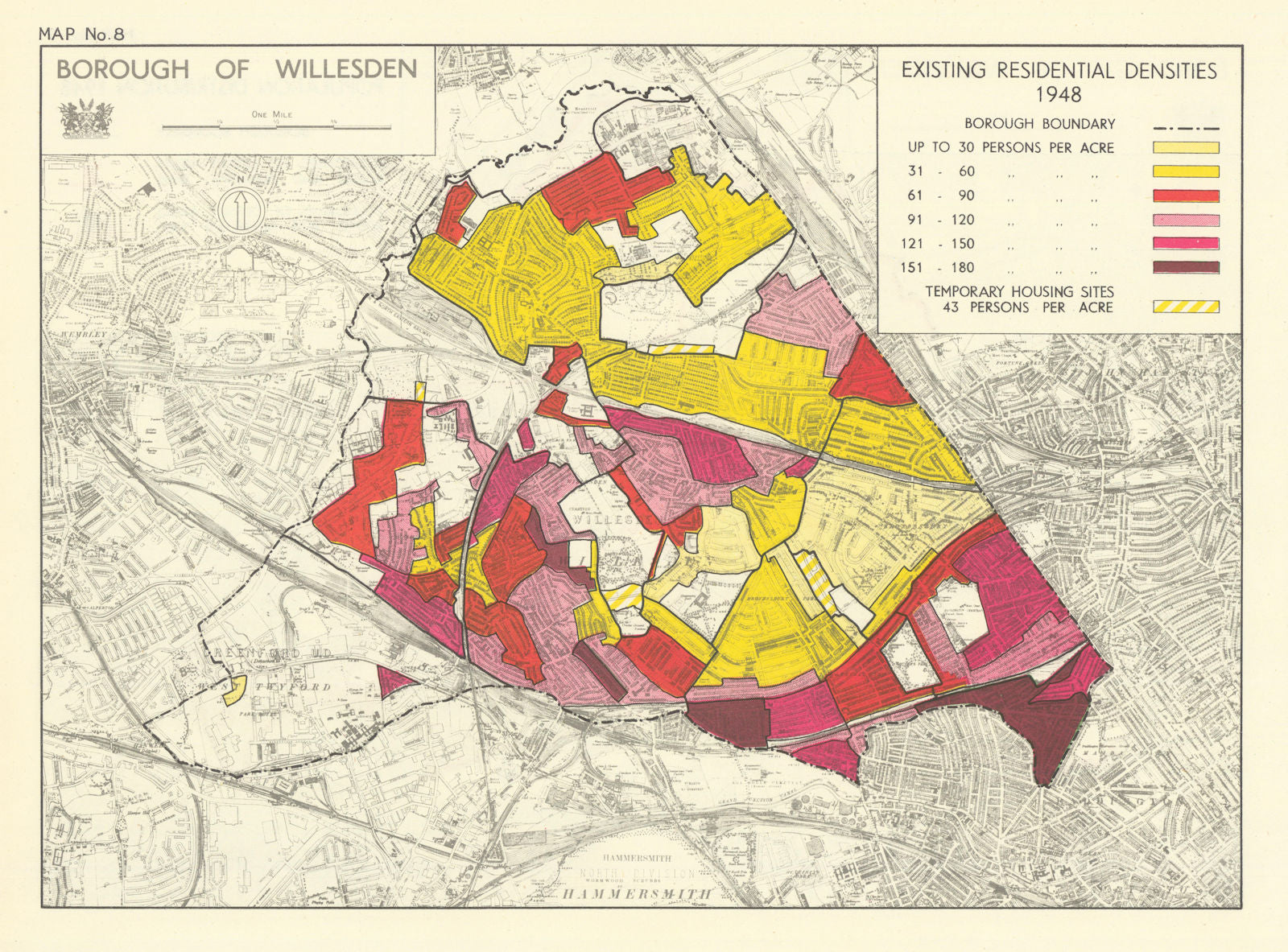 Willesden Borough. Residential densities 1948. Kensal Kilburn Neasden 1950 map